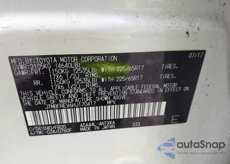 2017 Toyota Rav4 Le z USA, uszkodzony, nr VIN JTMBFREV6HJ170417